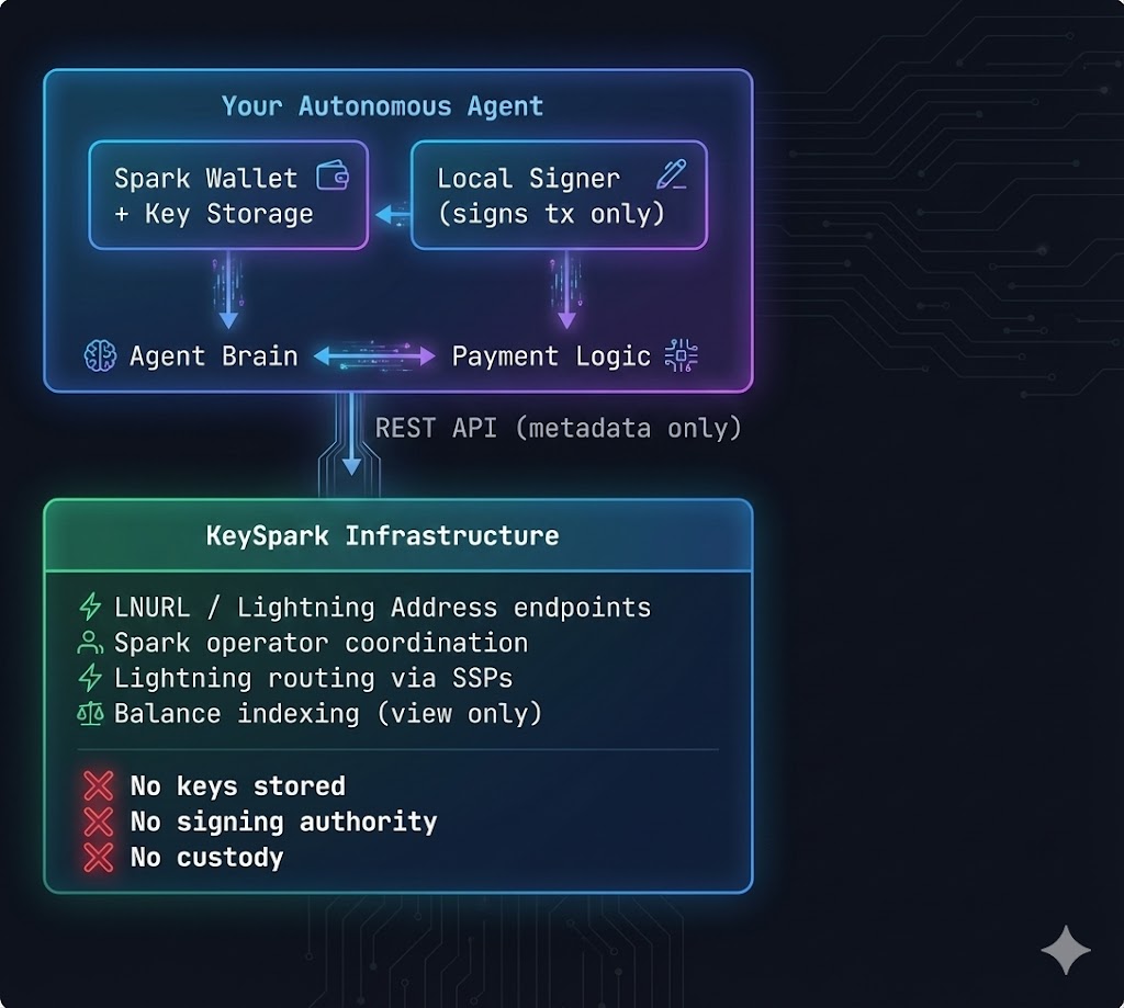 KeySpark Architecture - Your autonomous agent with Spark Wallet and Local Signer connects via REST API to KeySpark Infrastructure which handles LNURL endpoints, Spark operator coordination, and Lightning routing. No keys stored, no signing authority, no custody.
